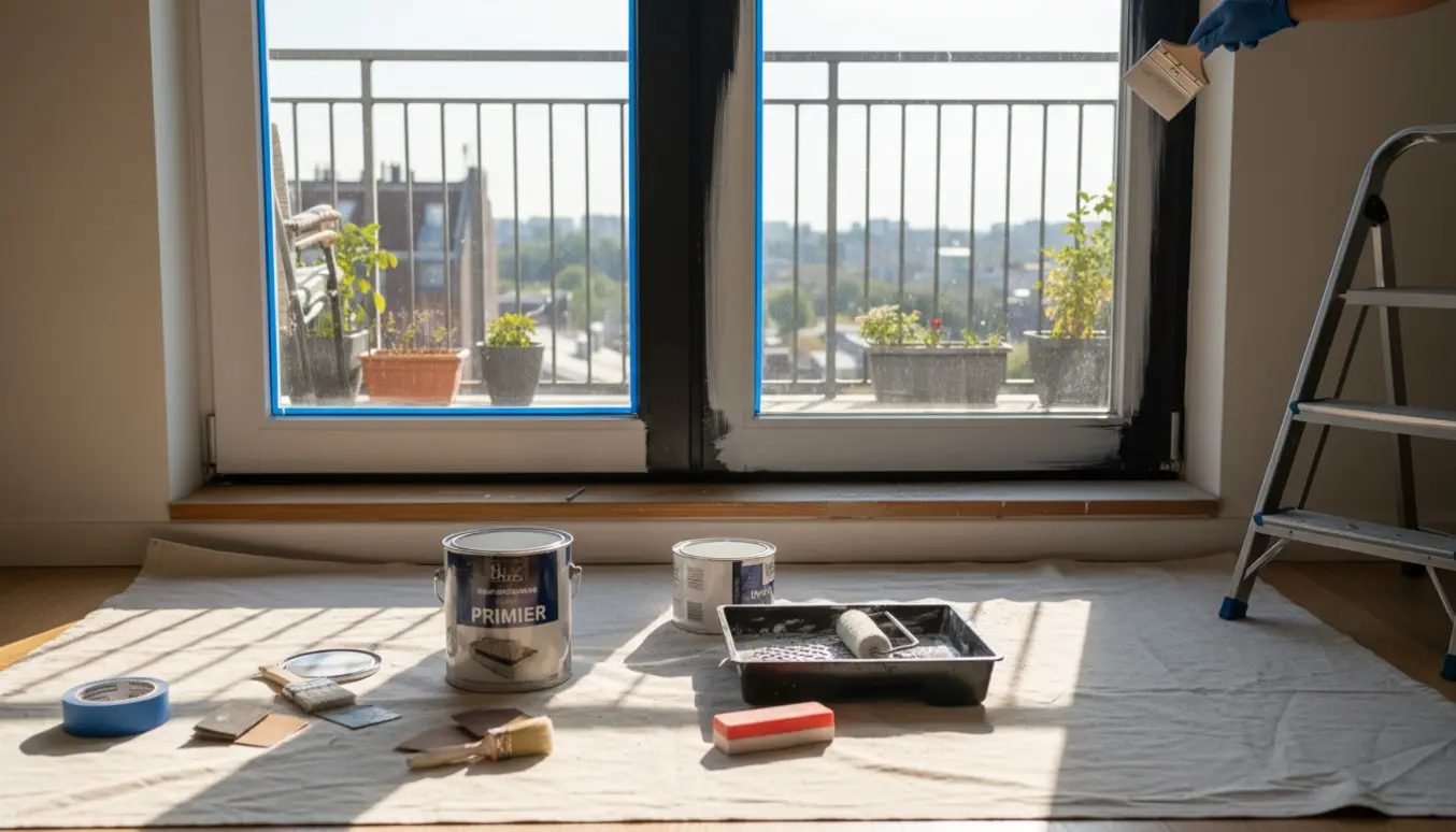 To altandøre og karme bliver grundet og malet hvide med pensler og malerbøtter på en beskyttelsesdug.