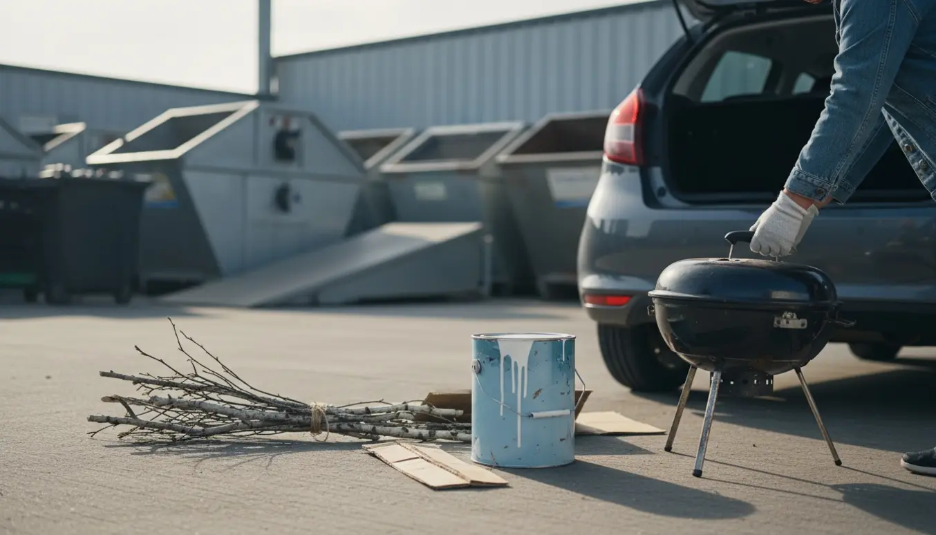 Bil ved genbrugsplads med åben bagagerum, grill, malerbøtte og grene klar til aflevering.