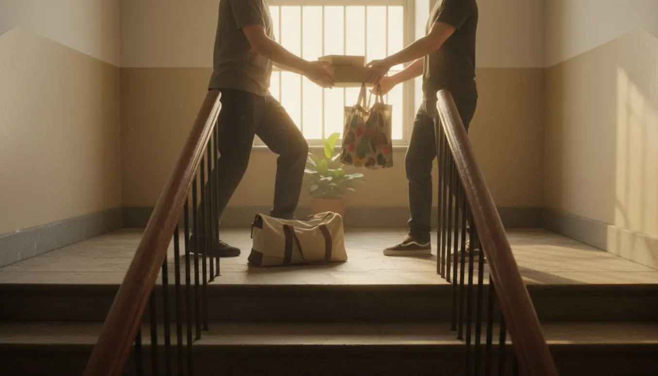 To personer afleverer lette kasser og tasker i en opgang badet i blødt eftermiddagslys.