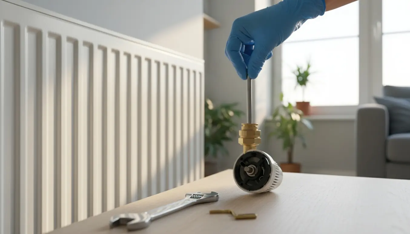 Afmonteret termostat liggende foran en radiator, med ventilens stempel synligt og værktøj ved siden af.