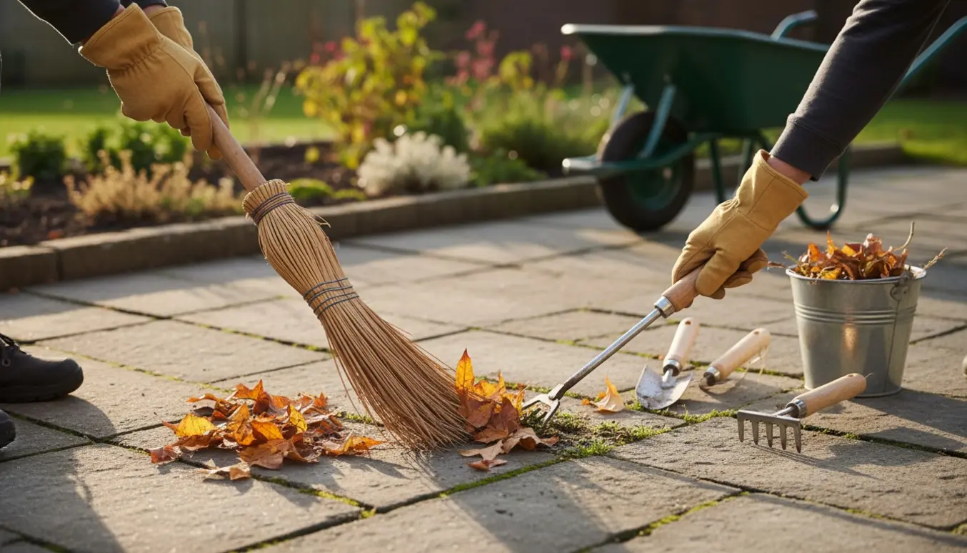 Nærbillede af hænder i havehandsker, der fejer blade og fjerner ukrudt mellem fliser ved en bedkant.