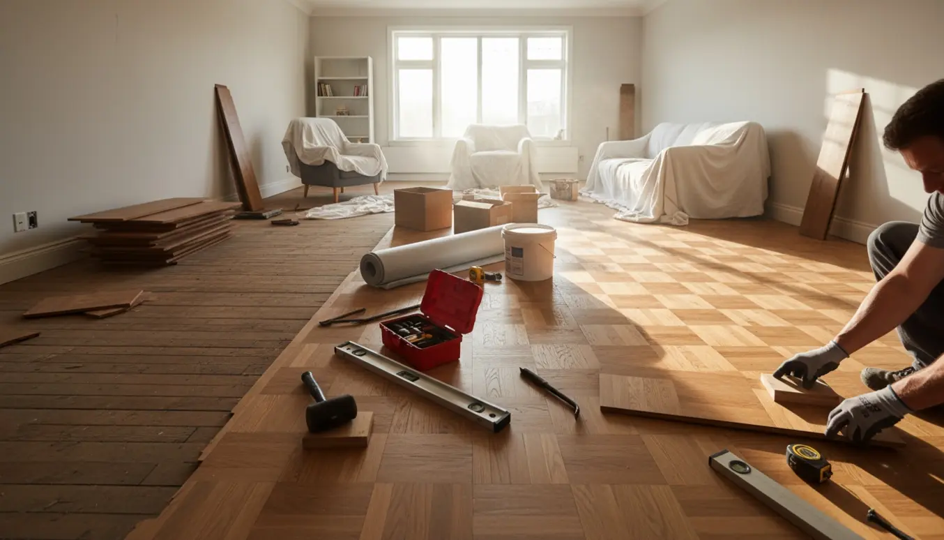 Soloplyst stue under renovering med delvist fjernet gulv og nyt egetræsparket under installation.