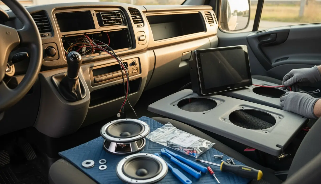 Installation af en Apple CarPlay-radio og nye dørhøjtalere i en Renault Master med åbne dørpaneler og værktøj.