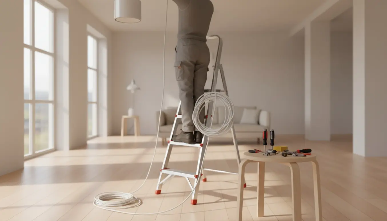 En håndværker på en høj stige hænger en lampe op med en lang hvid stofledning i et lyst skandinavisk rum.