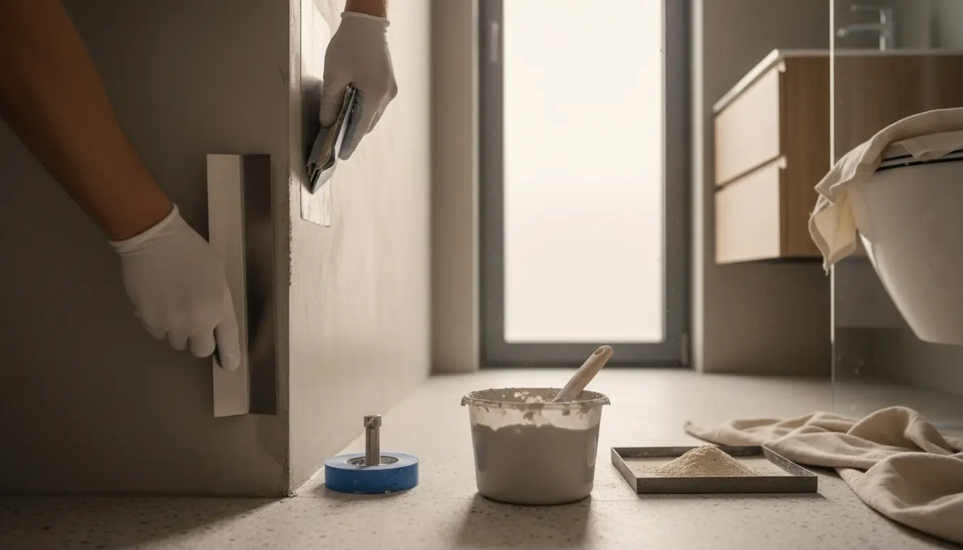 Nærbillede af håndværker, der retter og sliber samlinger i microcement i et lille badeværelse.