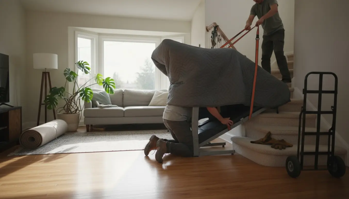 To personer bærer et løbebånd op ad en trappe fra stueetagen til første sal.