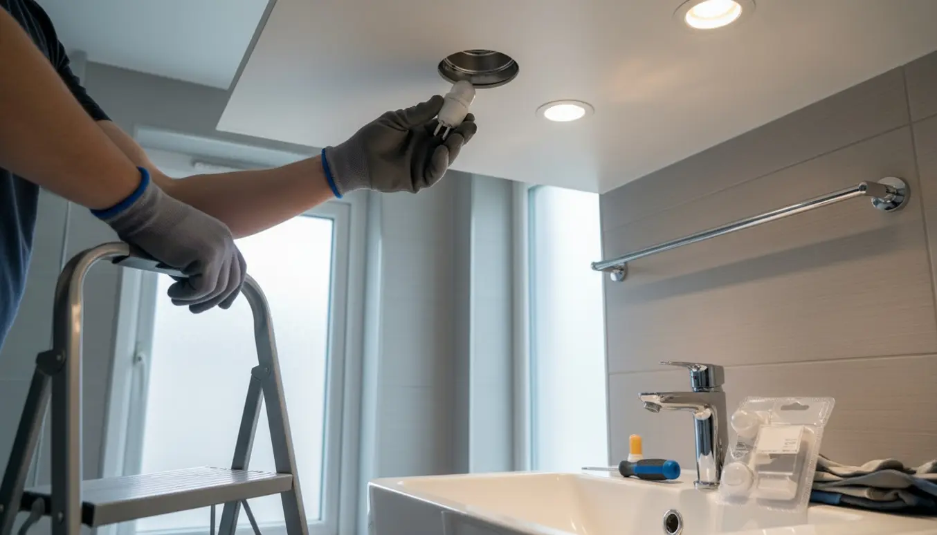 Hænder skifter spots i et badeværelse til LED-pærer, med to installerede spots og en pære i hånden.