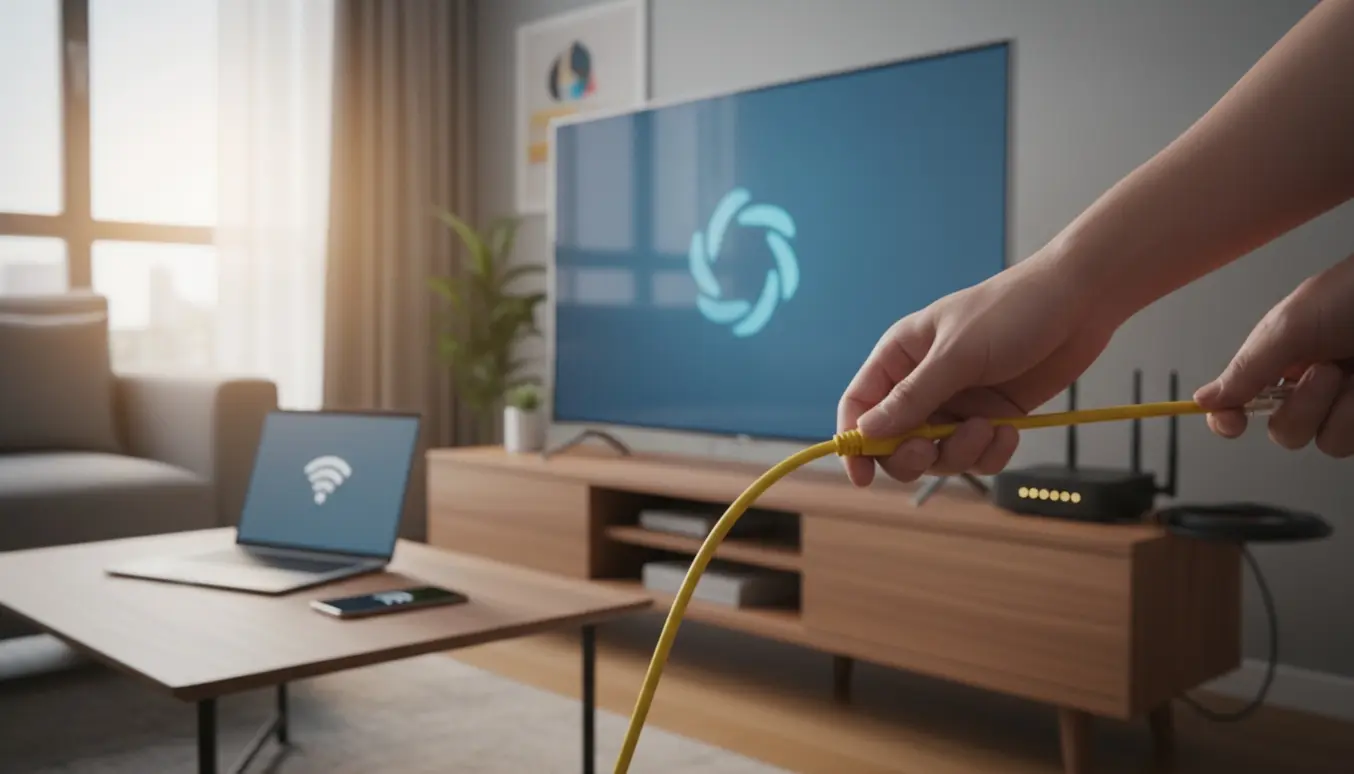 Hænder forbinder et Ethernet-kabel til et fladskærms-TV i en stue med en router og en telefon i baggrunden.
