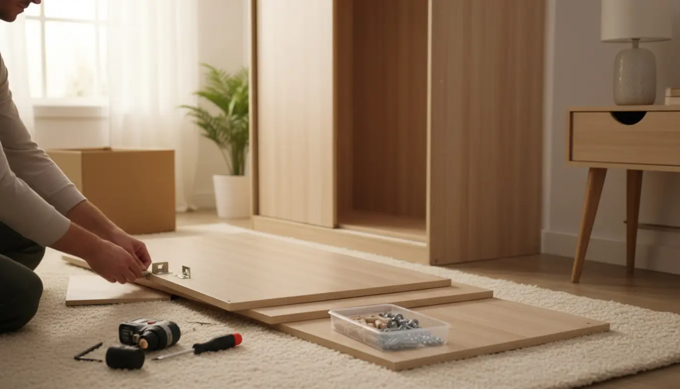 Hænder samler et nyt PAX-klædeskab i et lyst soveværelse med værktøj og skabselementer.