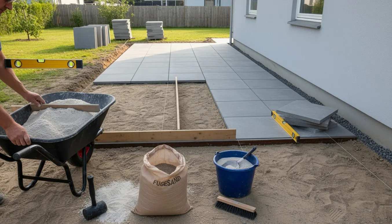 Håndværker forbereder 85 m² flisebelægning med afretningsgrus, fugesand, rende langs huset og stabler af store kvadratiske fliser.