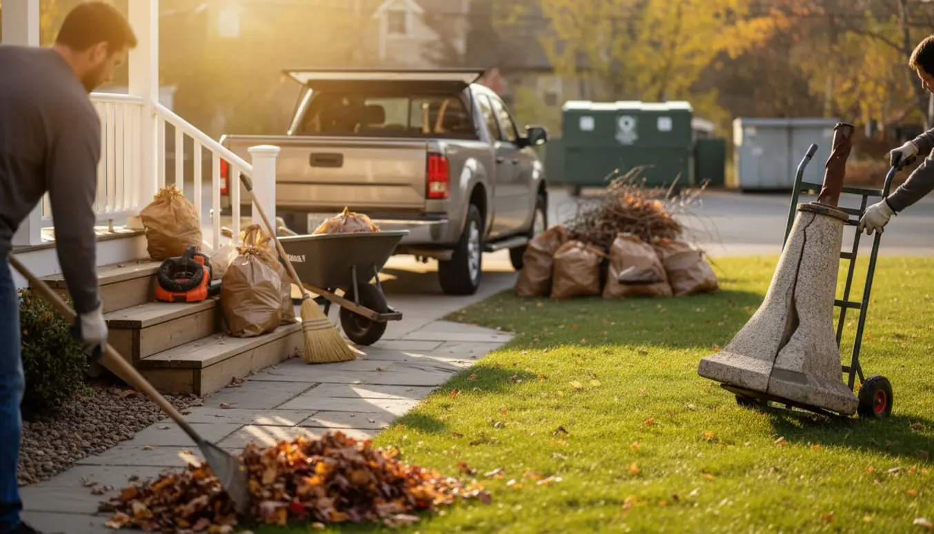 Efterårsforhave hvor blade rives sammen, klar til bortkørsel, og en defekt marmorfod lægges i en pickup.