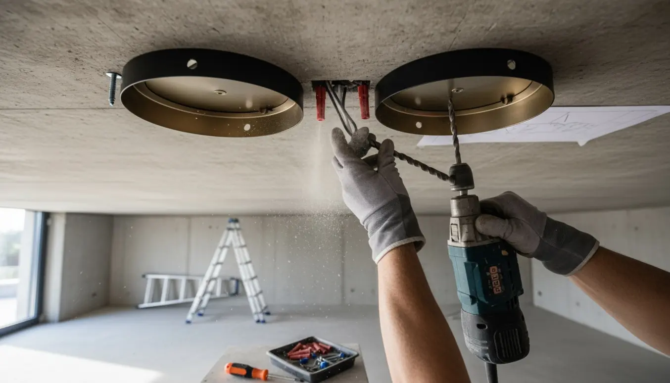 To lamper monteres i et råt betonloft med hammerboremaskine, rawlplugs og værktøj.