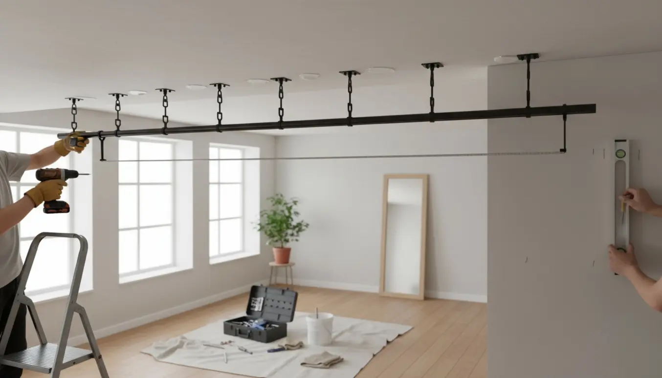 Hænder på en stige justerer en lang gardinstang, spartler gamle skruehuller, og et spejl står klar mod væggen.