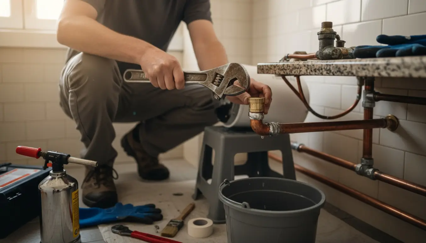 En håndværker fjerner en lille vandvarmer og loddede kobberrør med værktøj i et lyst bryggers.