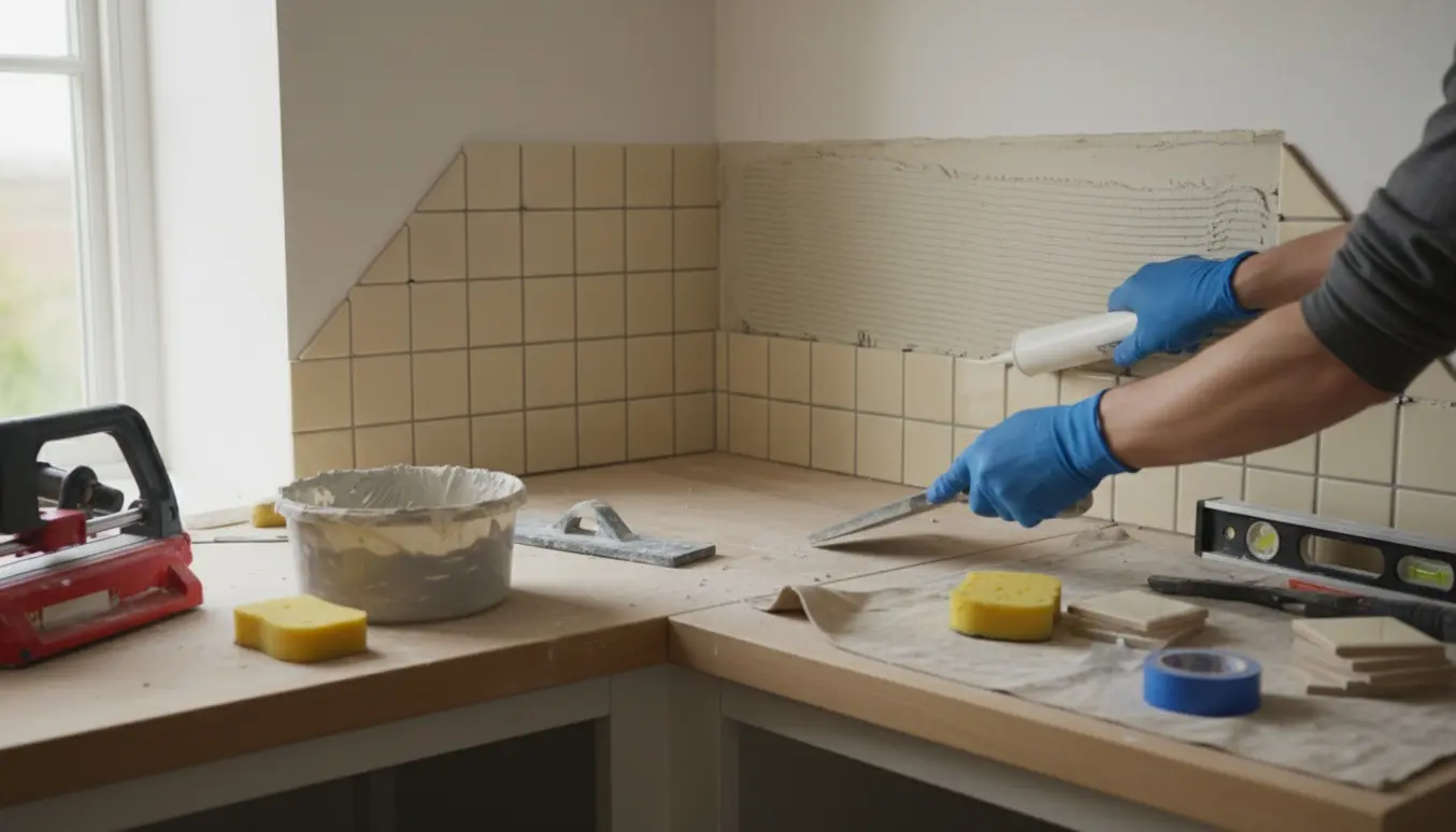 Hænder sætter små kvadratiske vægfliser over et køkkenbord ved en skrå endevæg med værktøj og fugematerialer på bordet.