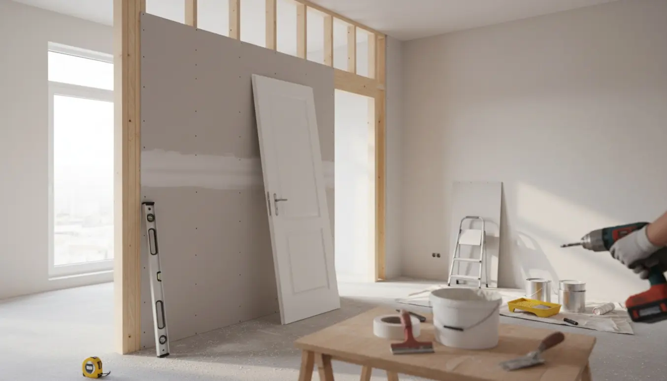 Delvist monteret gipsvæg med døråbning, håndværktøj og malergrej i et lyst rum.