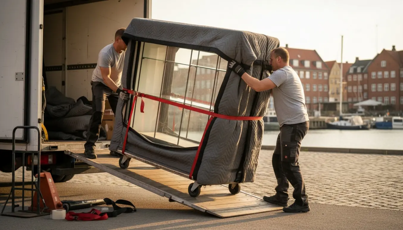 Flyttemænd læsser forsigtigt et tungt glasmontre ind i en varevogn ved vandkanten, dækket af flyttetæpper.