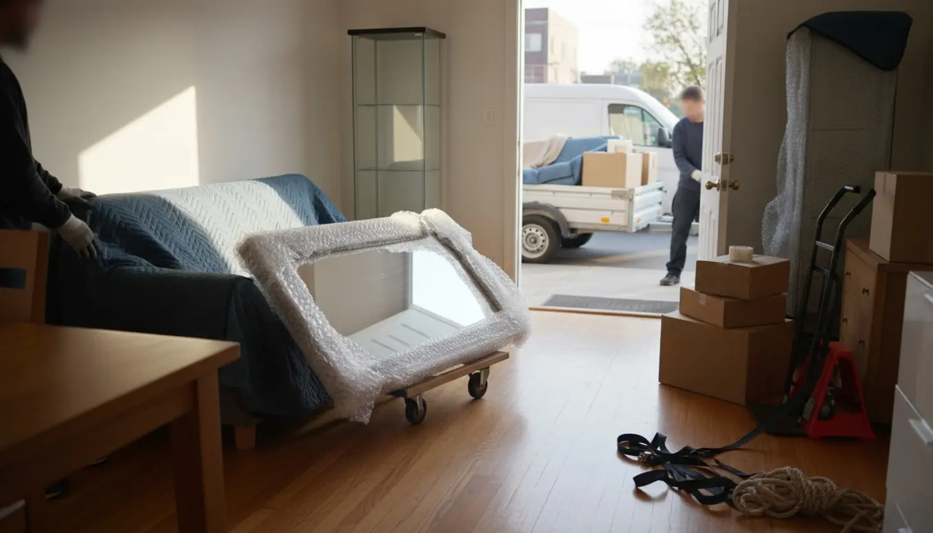 Møbler og flyttekasser pakkes og læsses ind i en lille trailer udenfor en lejlighed.