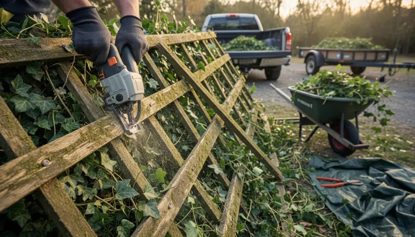 Nærbillede af handsav, handsker og et væltet efeu-espalier der saves i stykker ved siden af en trillebør og en trailer.