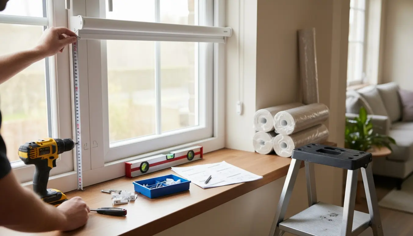 Hænder måler og monterer up-and-down persienner ved et lyst vindue med værktøj og ruller klar.