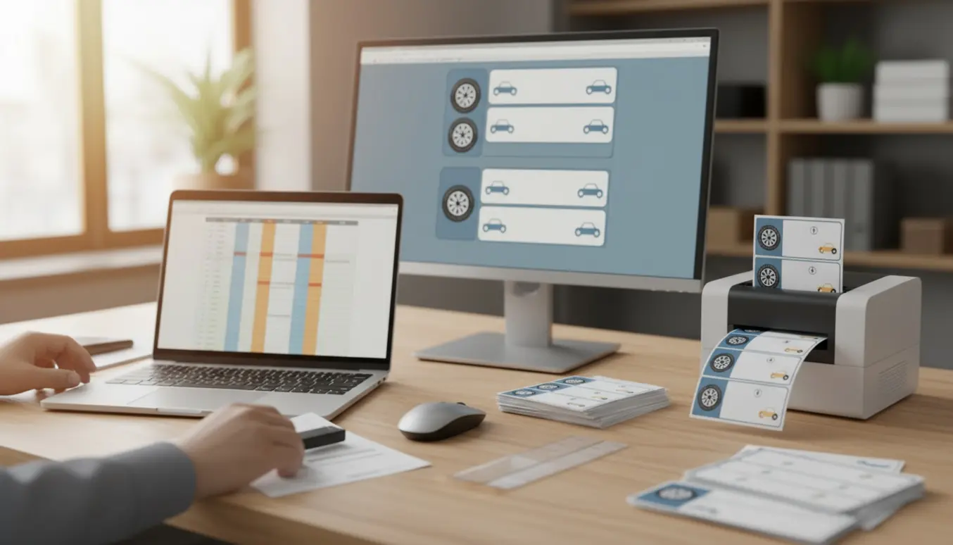 Et skrivebord med bærbar og skærm med regneark og et labelskabelon, udskrevne dæklabels ved en printer og hænder ved tastatur.