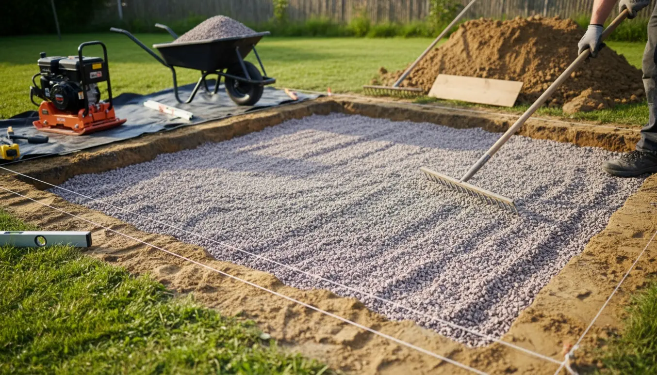 Gårdhave med 20 cm skrabet jord og lag af stabilgrus og granitskærver klar til lægning.