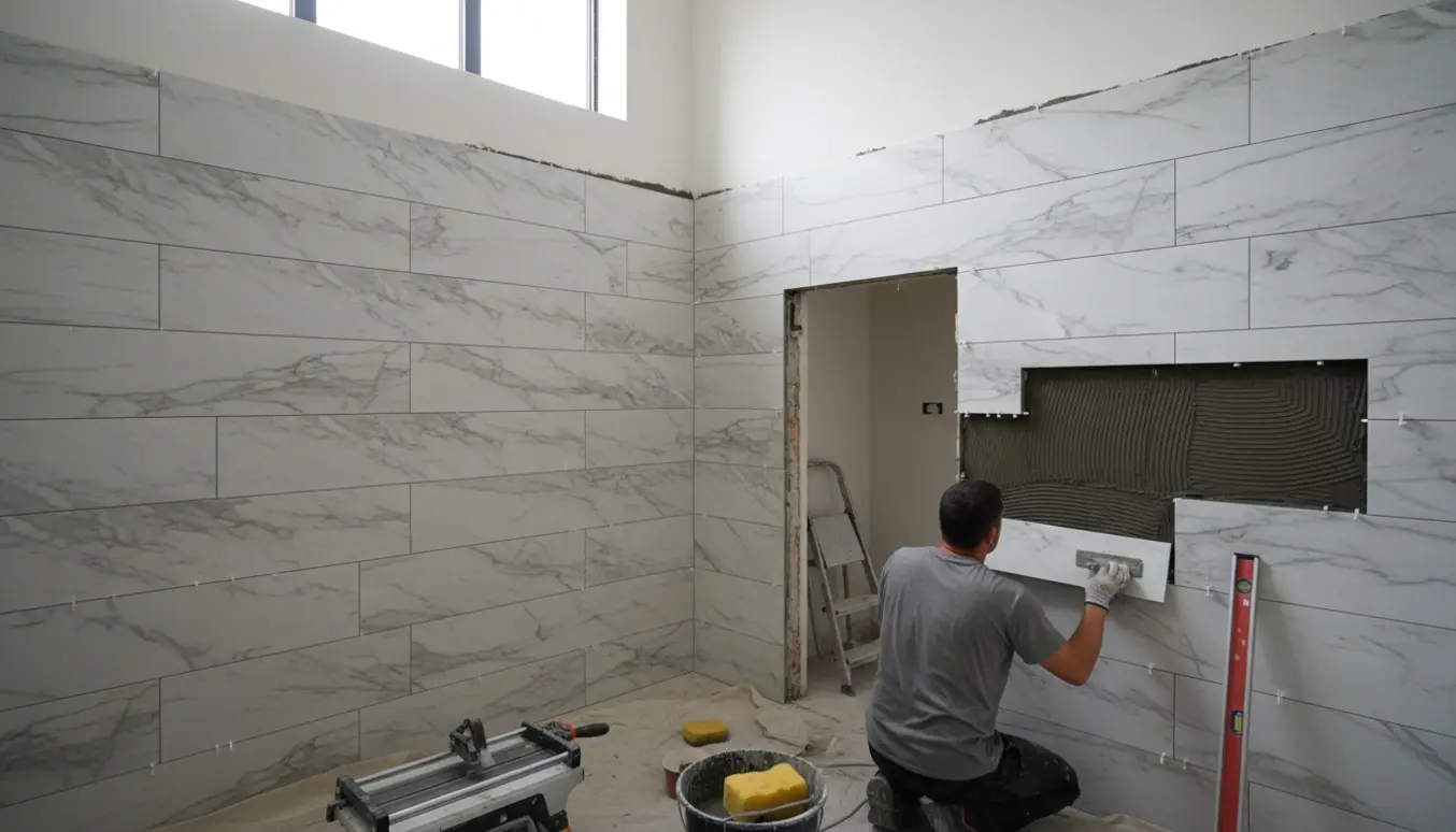 Højtloftet badeværelse under renovering med marmorfliser 30x60 cm sat op omkring døråbning og indbygget skab.