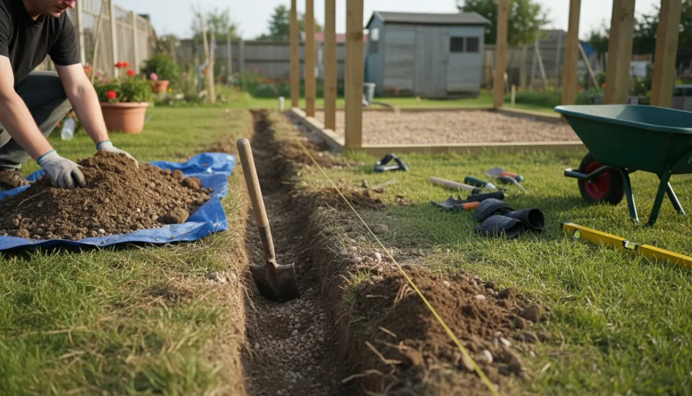 Smal rende i en kolonihave til et lille anneks med spade, jordbunker og delvist opbygget fundament i baggrunden.