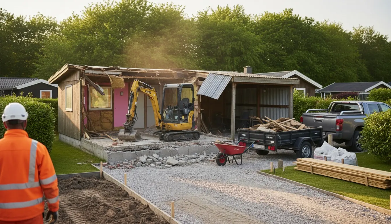 Delvist nedrevet kolonihavehus og carport i Roskilde med minigraver og trailer klar til bortkørsel.