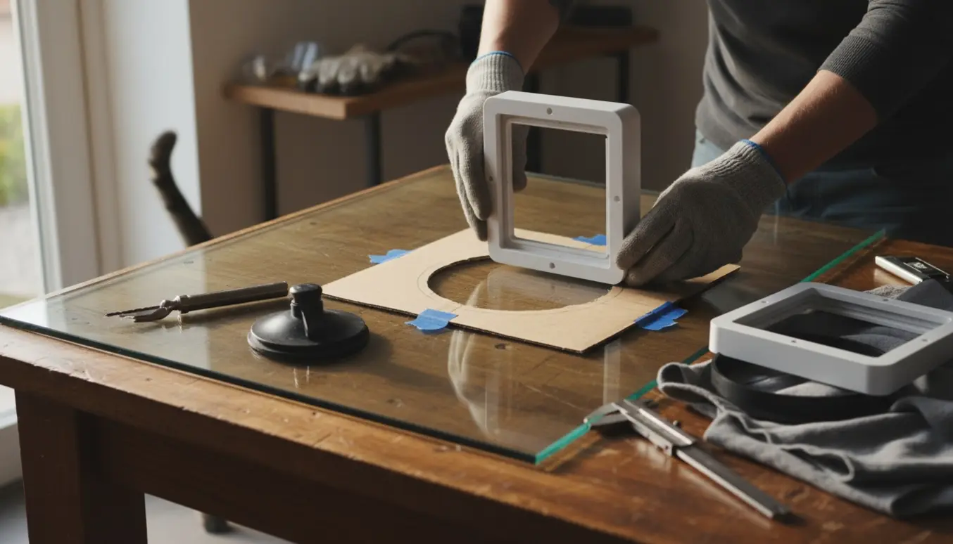 Nærbillede af montering af en elektronisk kattelem i en glasskive med værktøj og monteringsadapter.