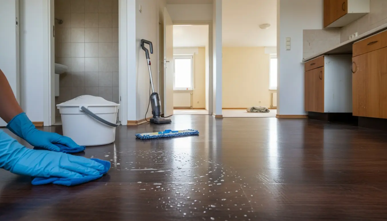 Handsker polerer lakkeret trægulv i en lys lejlighed under fraflytningsrengøring.