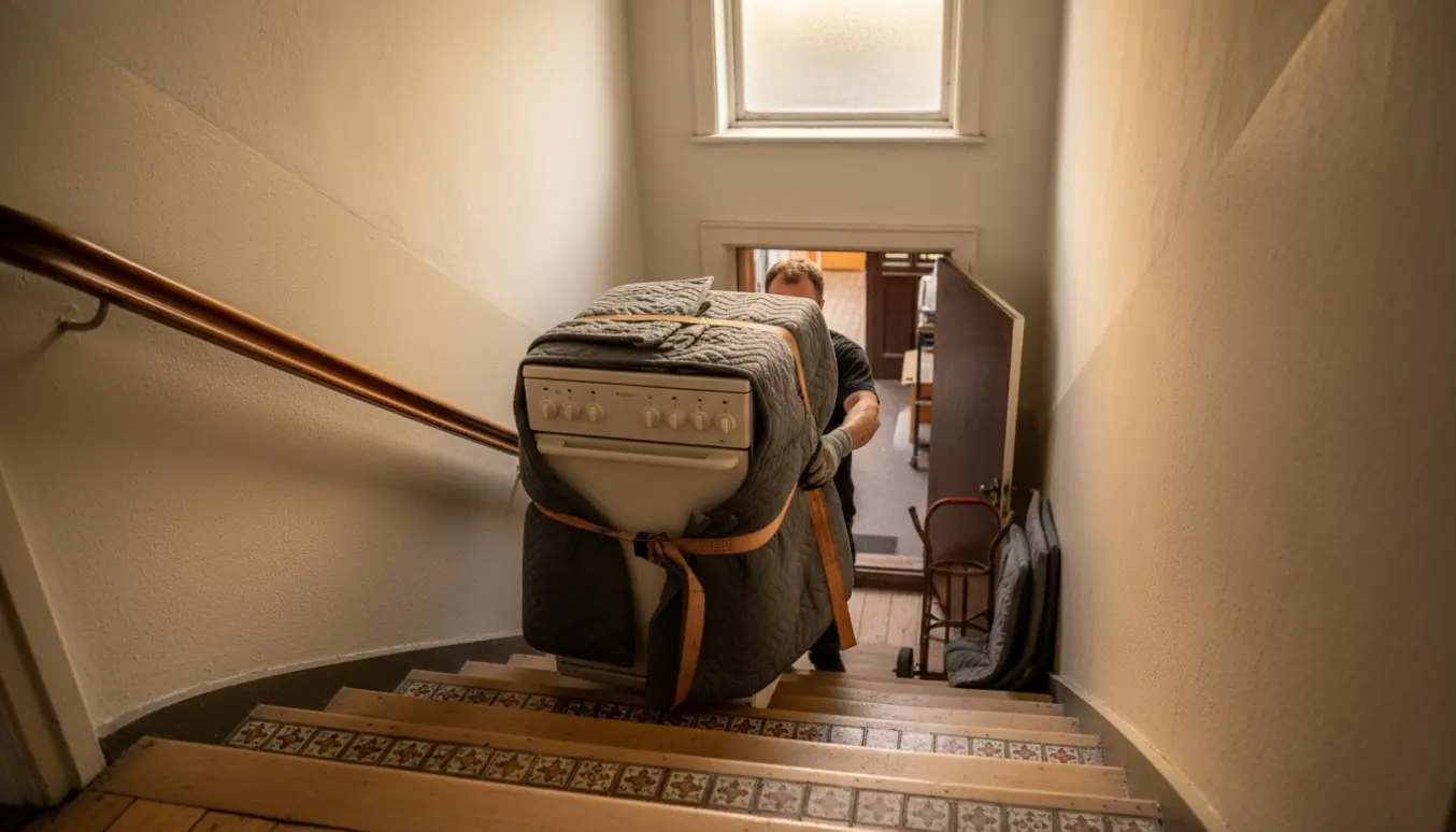 To flyttemænd bærer et mindre komfur ned ad en københavnsk trappeopgang mod kælderen.