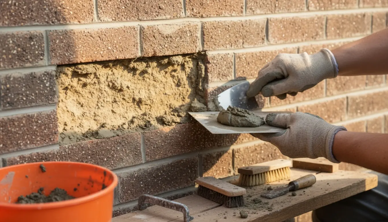 Nærbillede af reparation af fuge i murværk med handsker, fugeværktøj og frisk mørtel.