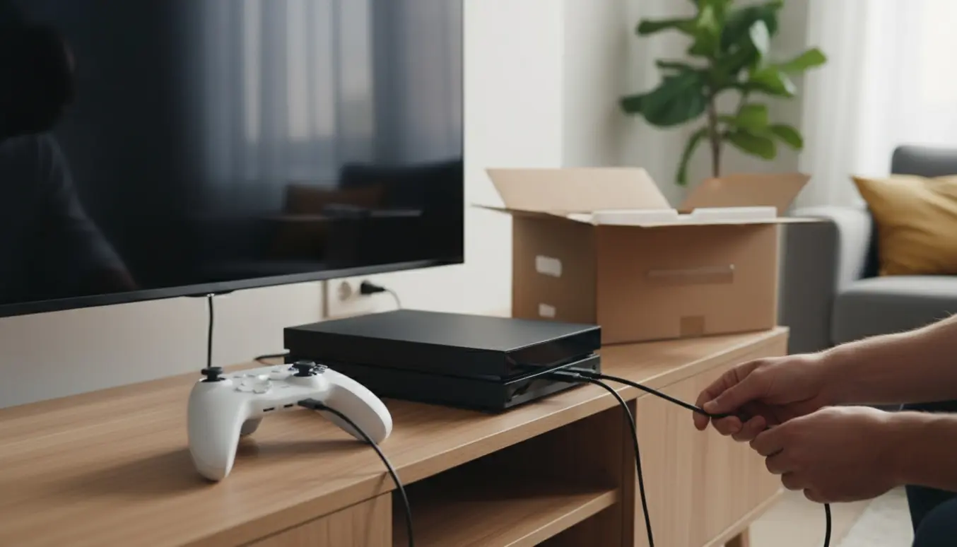 Hænder tilslutter en moderne spillekonsol til et TV i en lys, ryddelig stue.