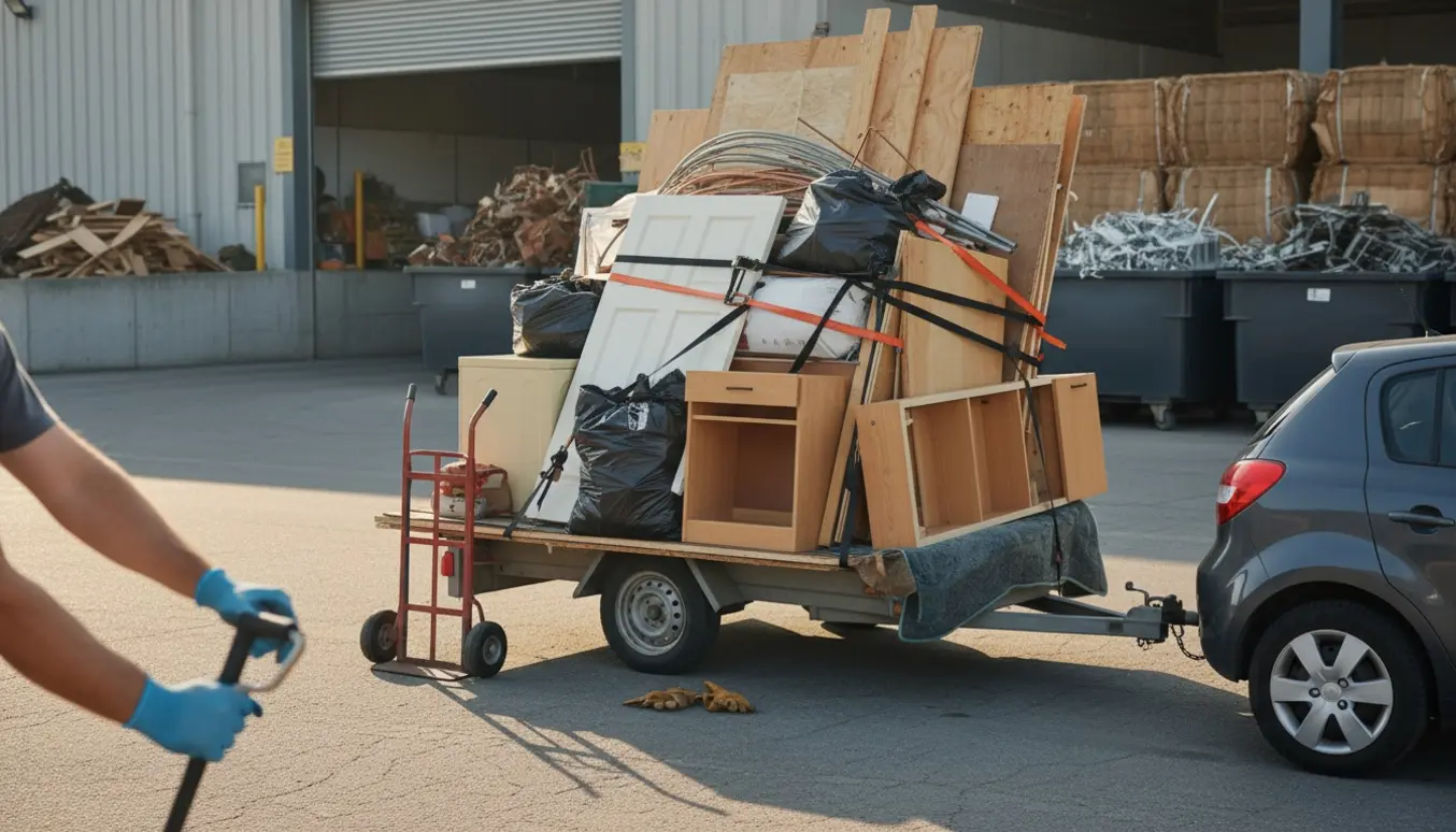 En bil med trailer fyldt med byggeaffald og sække ved en genbrugsplads, klar til aflevering.
