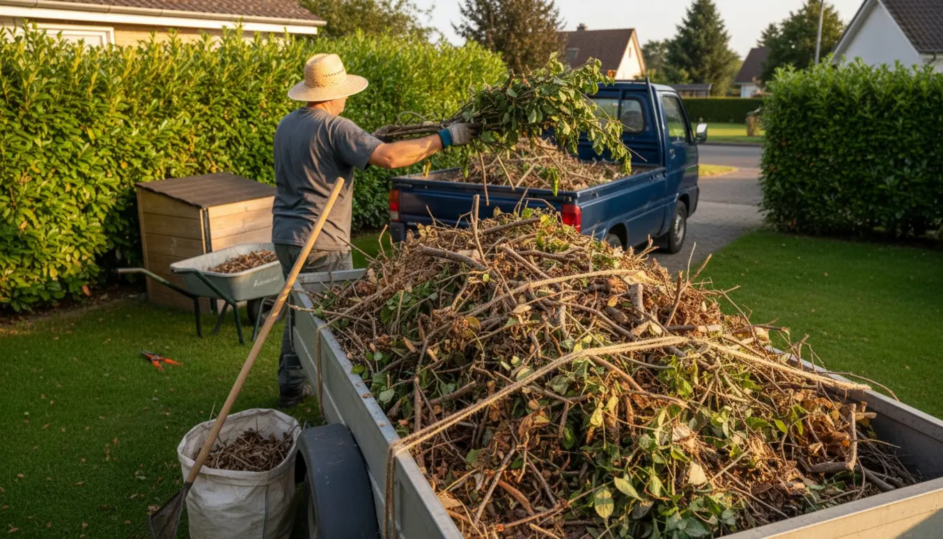 Stor bunke haveaffald med grene og blade læsset på en åben trailer i en forstadshave.