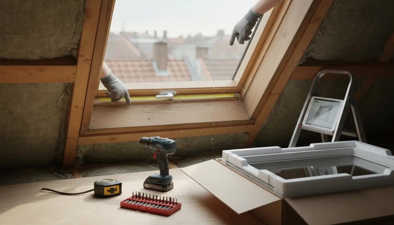 Hænder måler og inspicerer et gammelt Velux-ovenlysvindue klar til udskiftning.