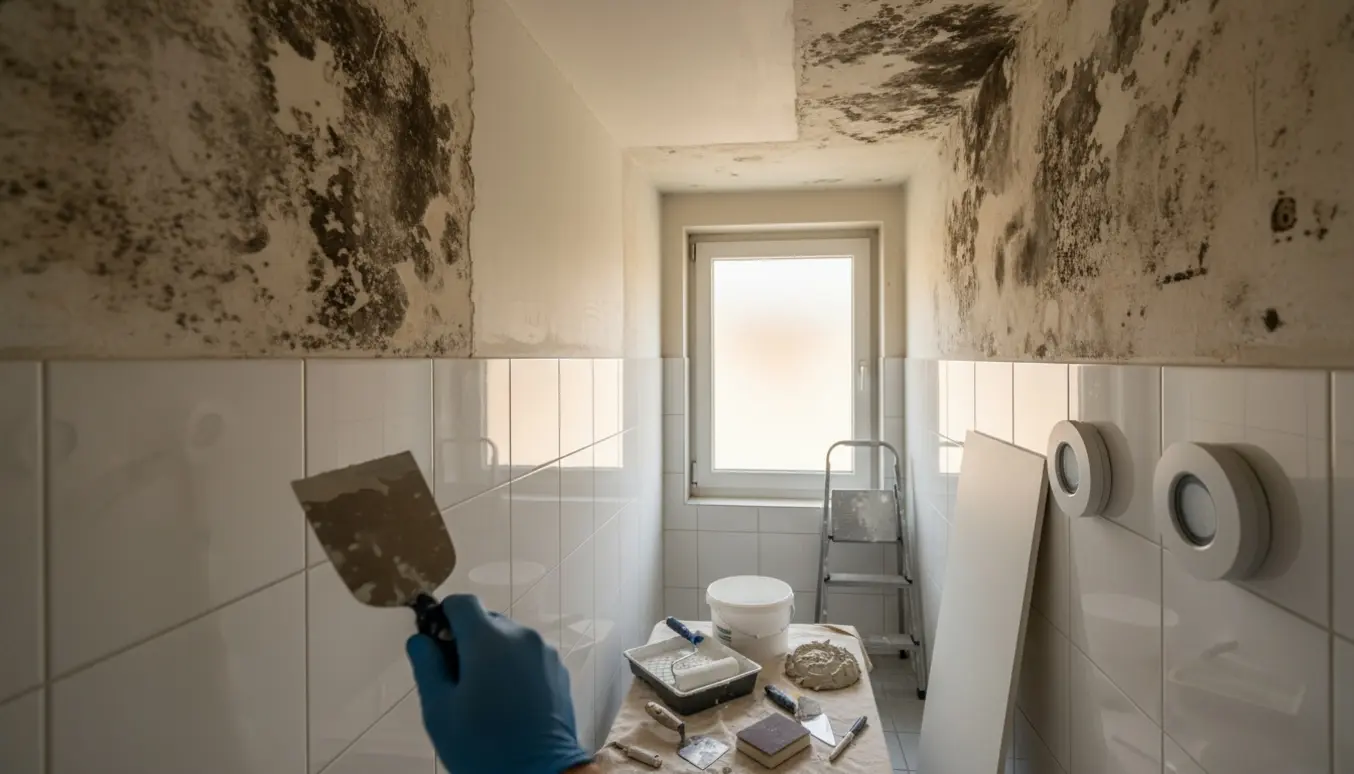 Gæstetoilet med svampeskader i loftet, ny pudset afsnit og værktøj klar til ompudsning og maling.