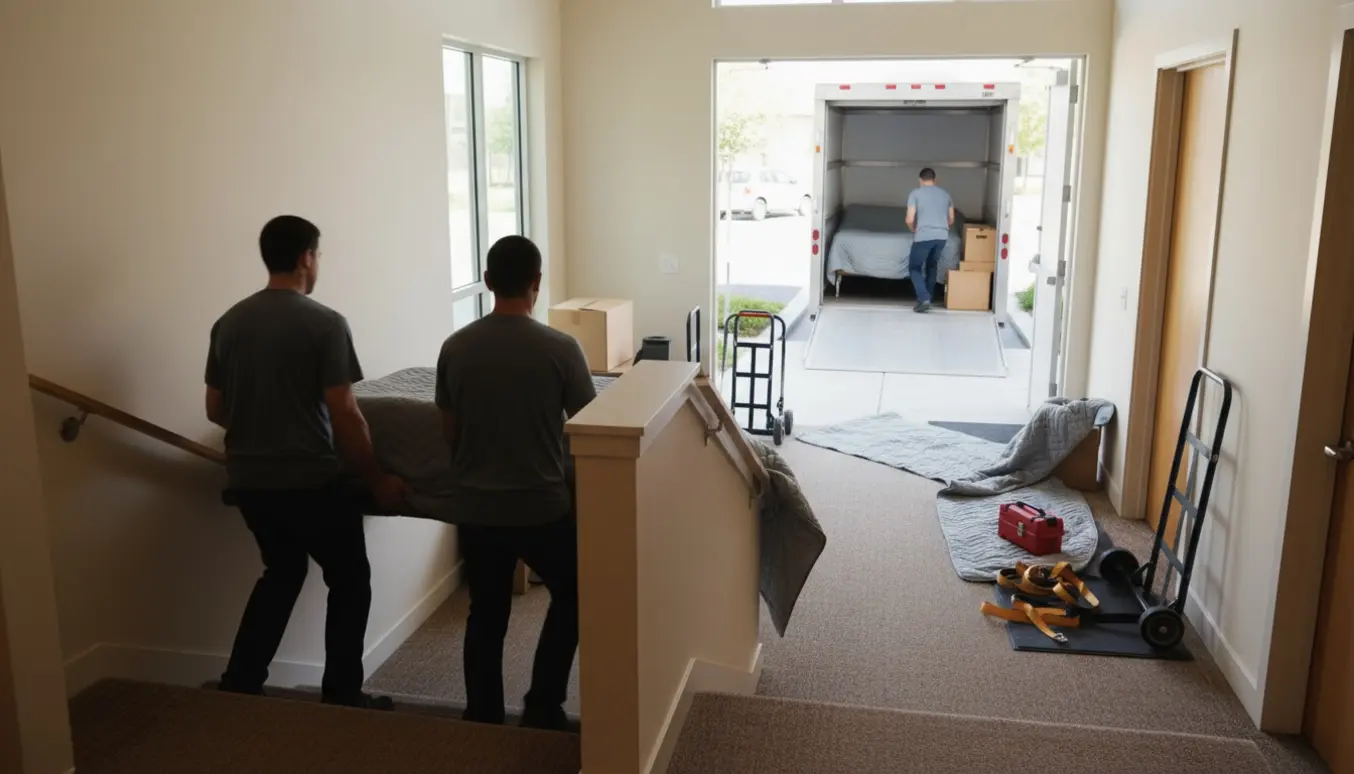 To personer bærer en indpakket seng op ad trappen, mens møbler og kasser lastes i en varebil.