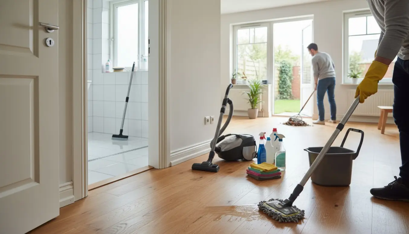 Fraflytningsrengøring med mop, støvsuger og skinnende baderumsklinker samt have hvor ukrudt og blade fejes væk.