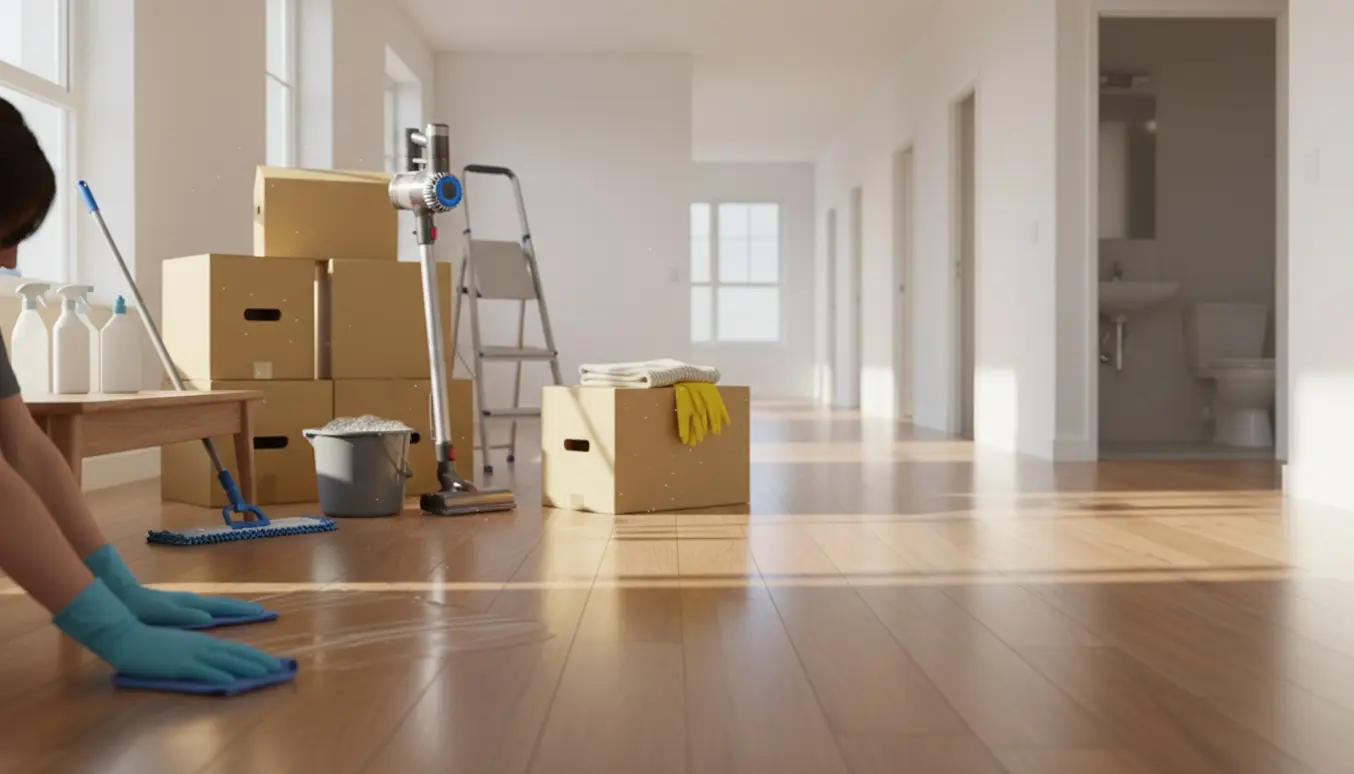 Soloplyst lejlighed med flyttekasser og rengøringsudstyr under flytterengøring, med skinnende badeværelse i baggrunden.