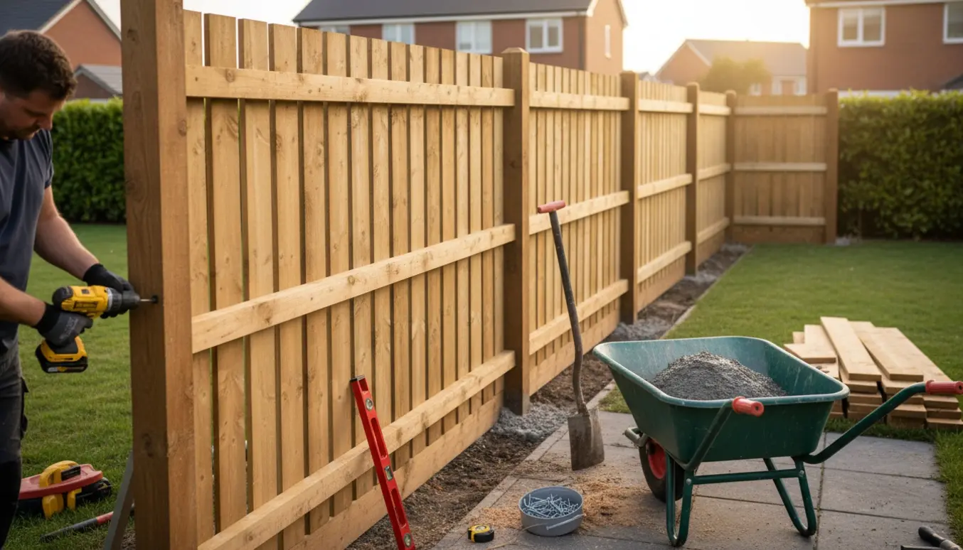 Nyt 185 cm højt træhegn under opførsel med stolper i beton og værktøj i en baghave.