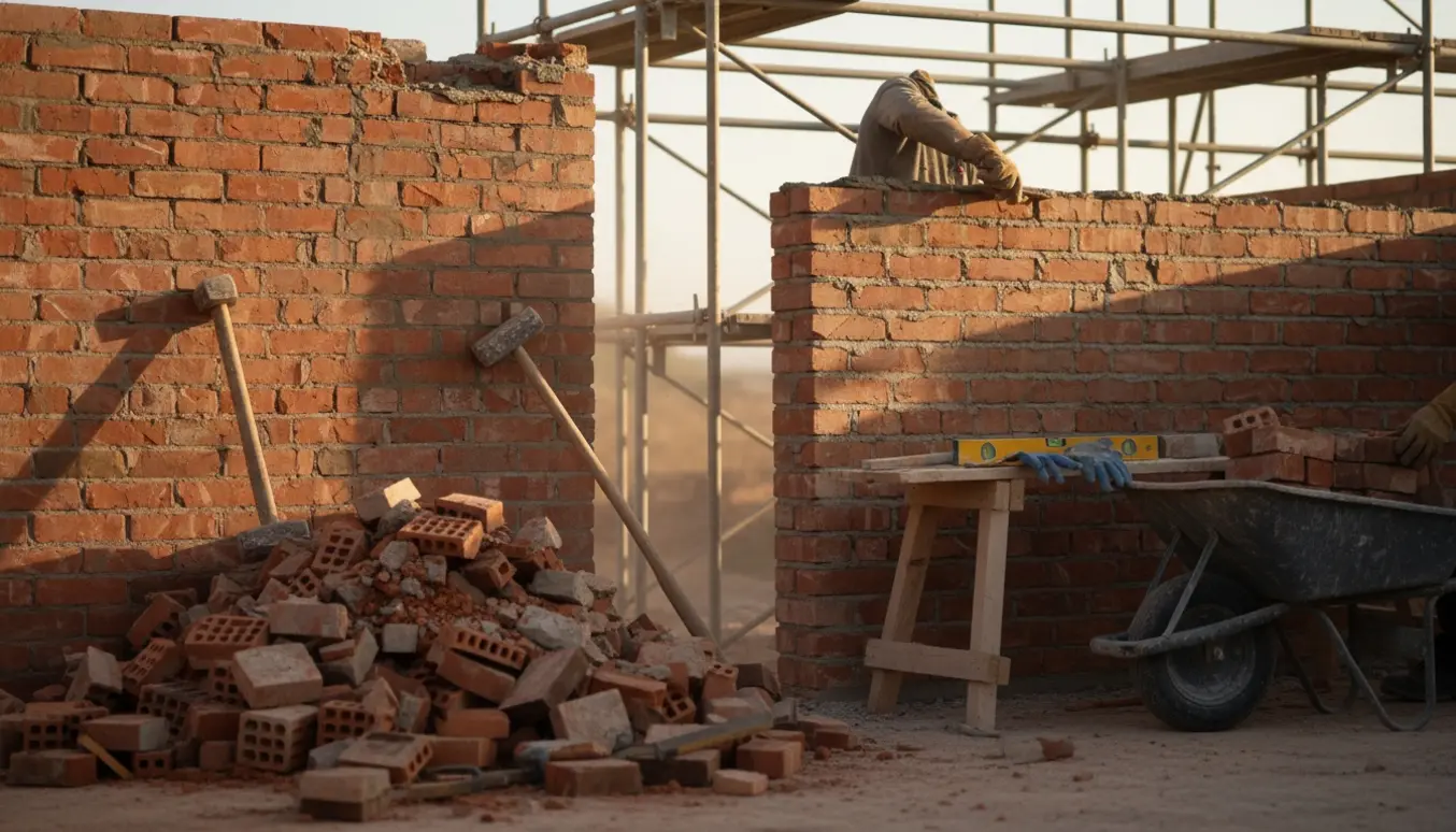 En byggeplads med en væltet mur i murbrokker og en nabomur, der bliver lukket med nye mursten og mørtel.
