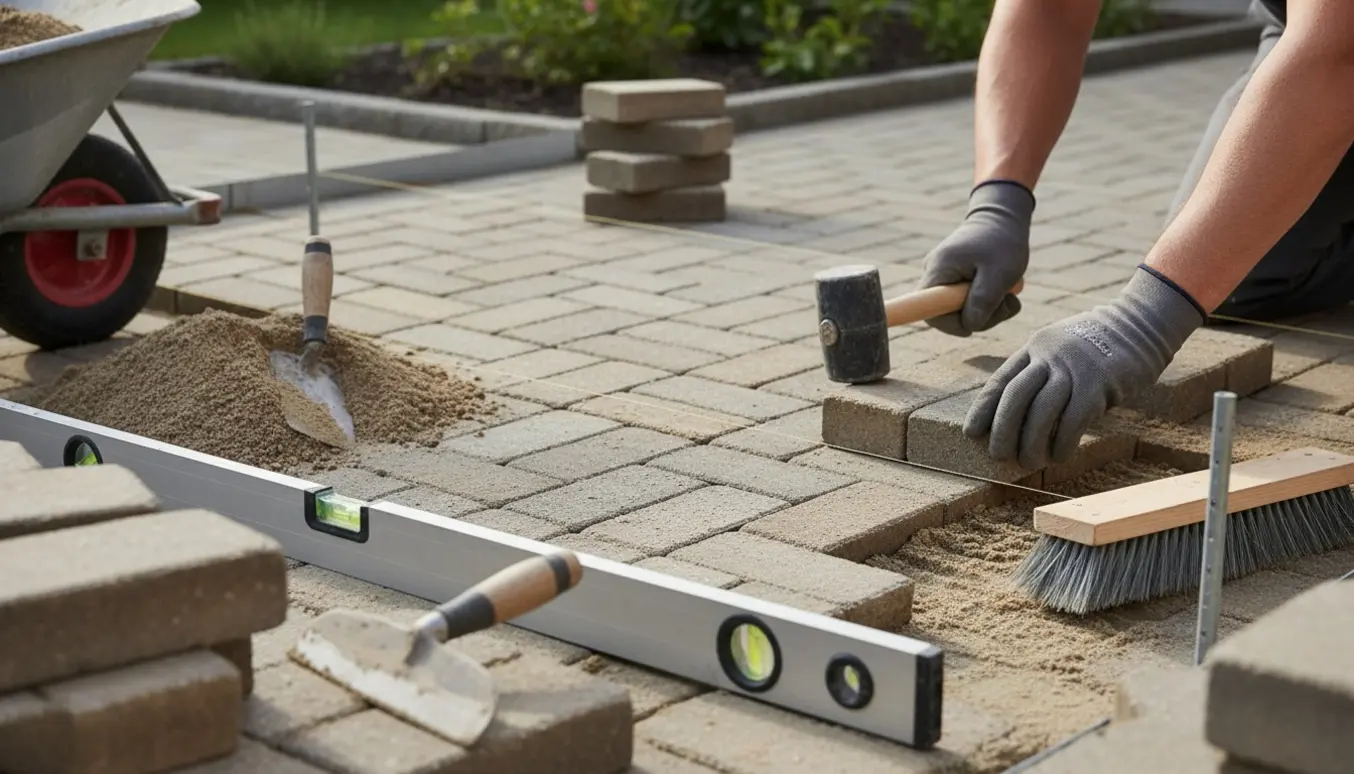 Hænder i handsker lægger herregårdssten på et sandlag i et lille baggårdsprojekt med værktøj omkring.