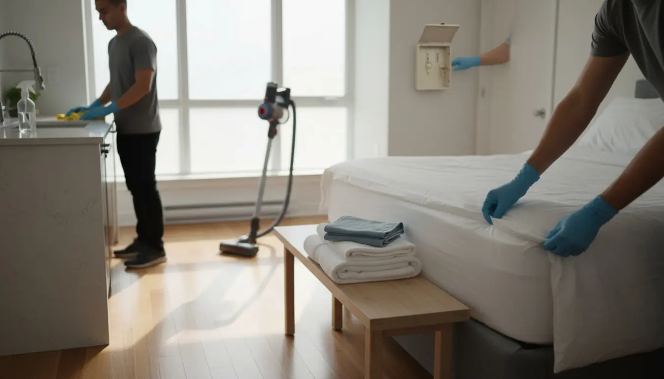 Hænder placerer en nøgle i en åben nøgleboks foran en nyslået seng og foldede håndklæder.