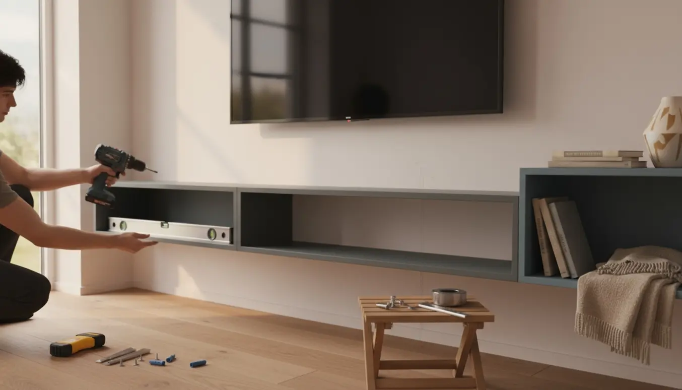 Montana-reoler monteres under et vægmonteret tv med værktøj og hænder i fokus.