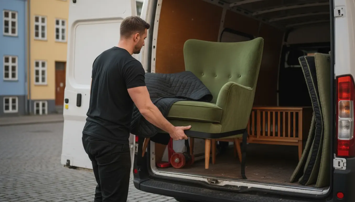 En stærk person læsser en lænestol og et sofabord ind i en varebil foran en dansk lejlighedsbygning.