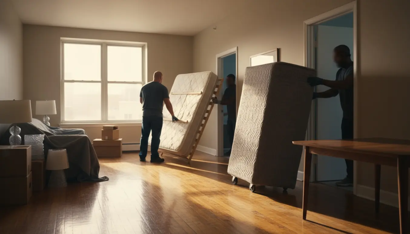 Møbler bæres ind i nabolejlighed på samme etage: senge, kommoder, sofa og spisebord.