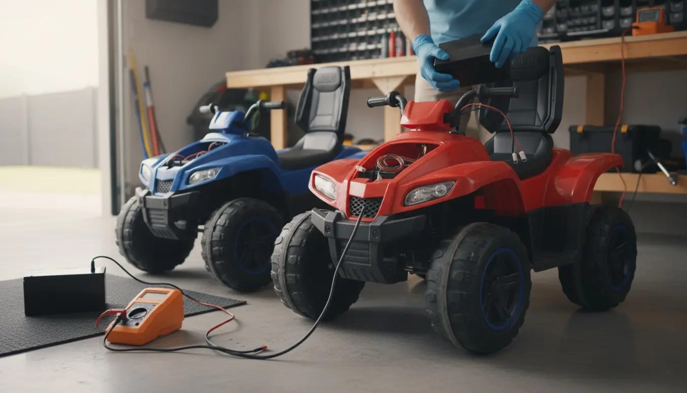 To børne-ATV'er med åbne batterirum mens en tekniker inspicerer batterier og ledninger i en lys garage.
