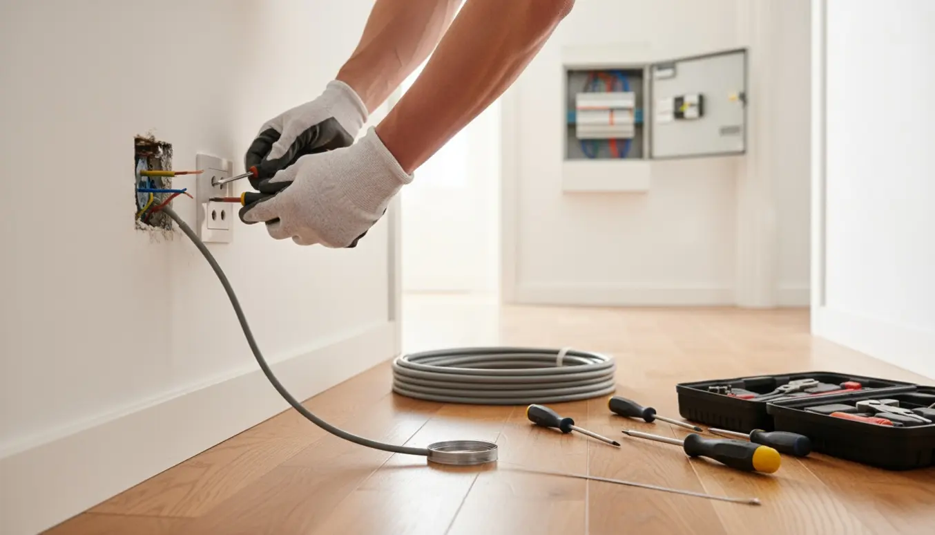 Nærbillede af elektrikerhænders arbejde med nyt elstik og åben el-tavle i en lys treværelses lejlighed.